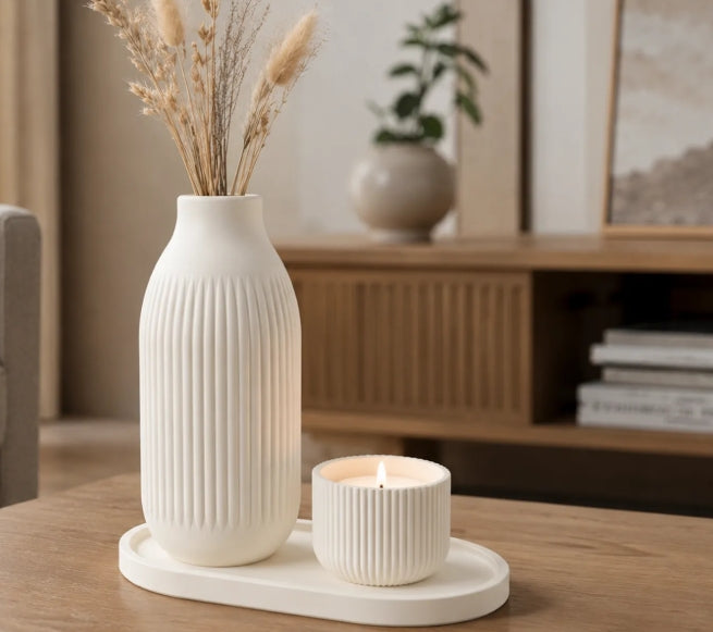 Japandi Decor Set – Fluted Vase, Tealight Holder & Tray